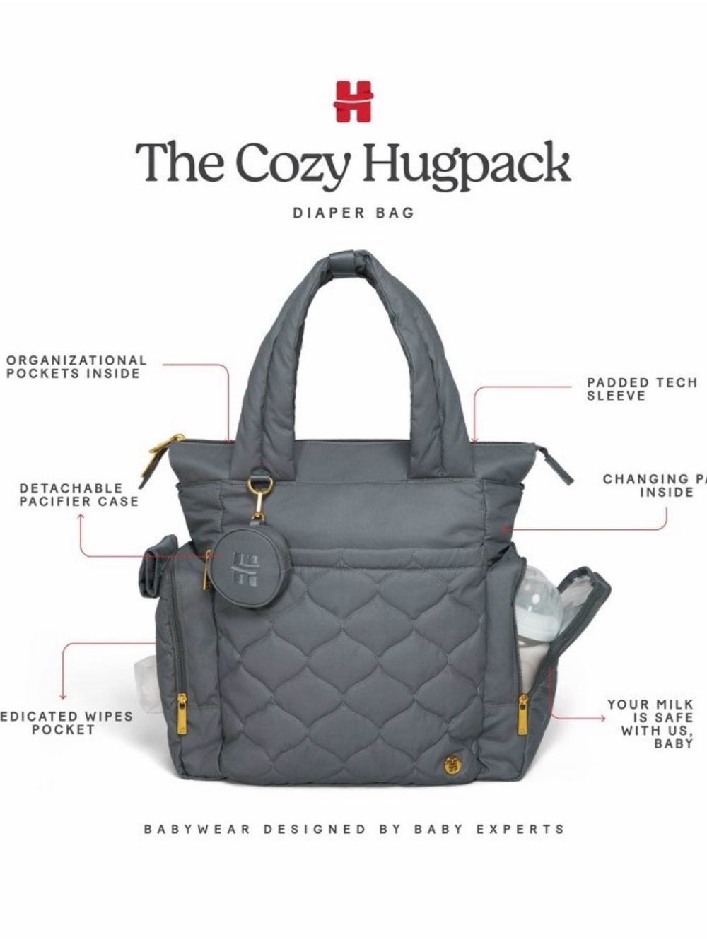 Quilted Gray Baby Diaper Bag Tote with Coin Pouch